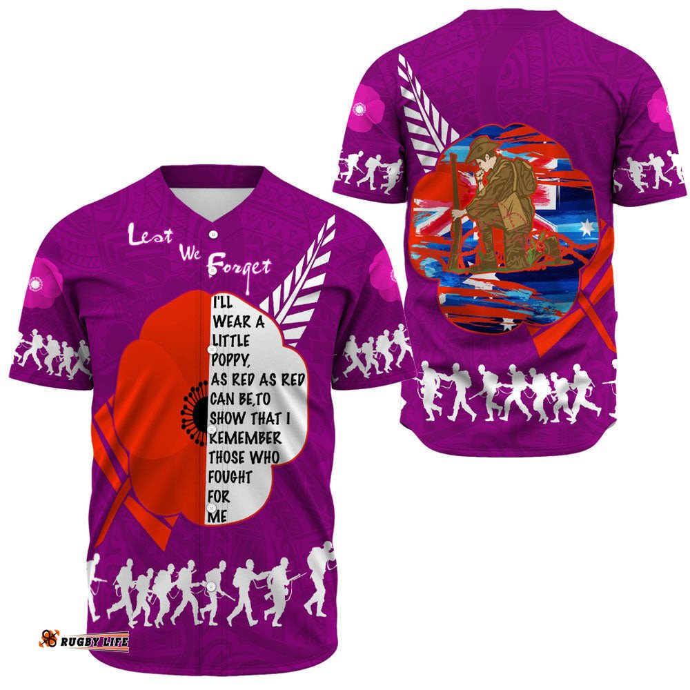 New Zealand Anzac Red Poopy Purple Baseball Jersey Shirt
