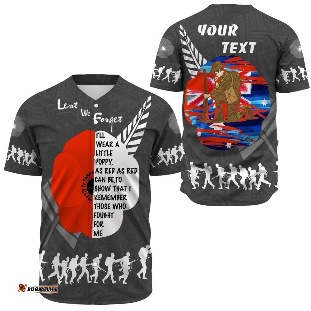 Custom New Zealand Anzac Red Poopy Baseball Jersey Shirt
