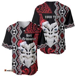 Personalised New Zealand Christmas Baseball Jersey Shirt Meri Kirihimete Maori Wheku Taniko Art