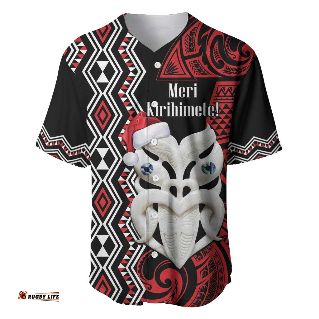 Personalised New Zealand Christmas Baseball Jersey Shirt Meri Kirihimete Maori Wheku Taniko Art