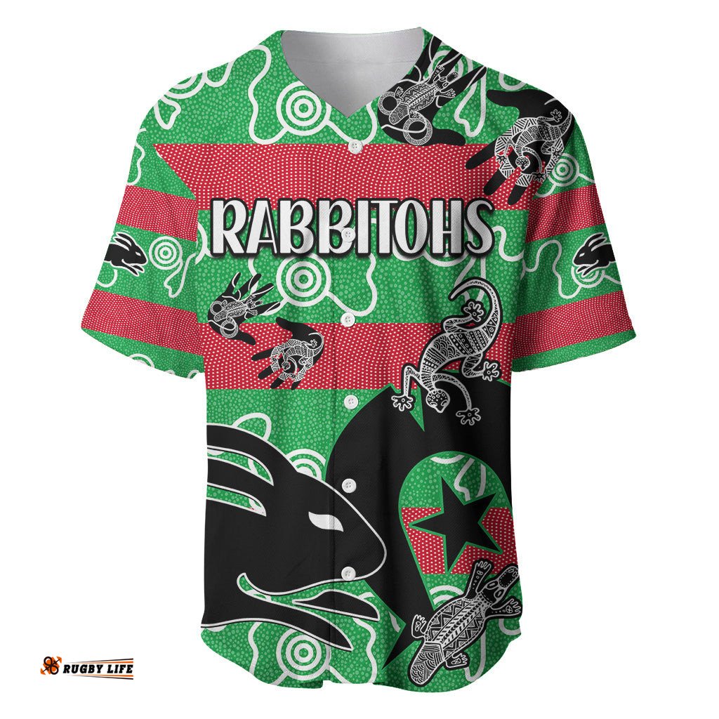 Custom Text And Number NAIDOC Rabbitohs Rugby Baseball Jersey Shirt Go The Bunnies Aboriginal Dots