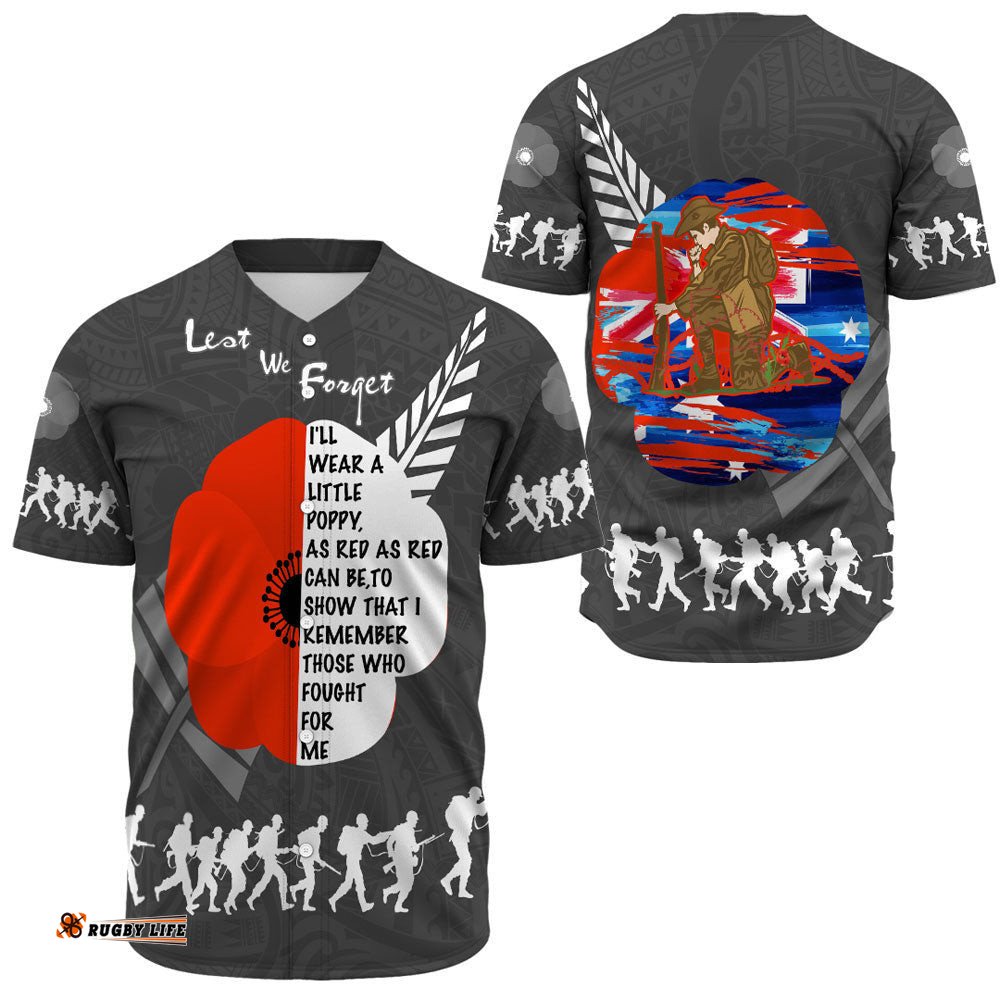 New Zealand Anzac Red Poopy Baseball Jersey Shirt