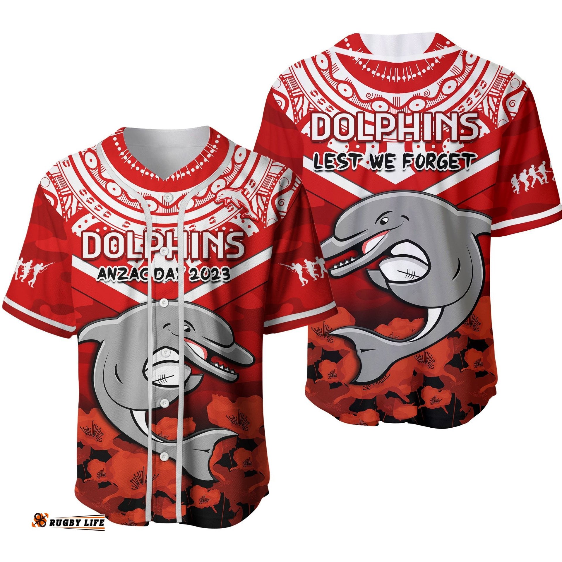 Dolphins Rugby ANZAC Baseball Jersey Shirt Dots Poppy Mix Camouflage Lest We Forget Ver.02