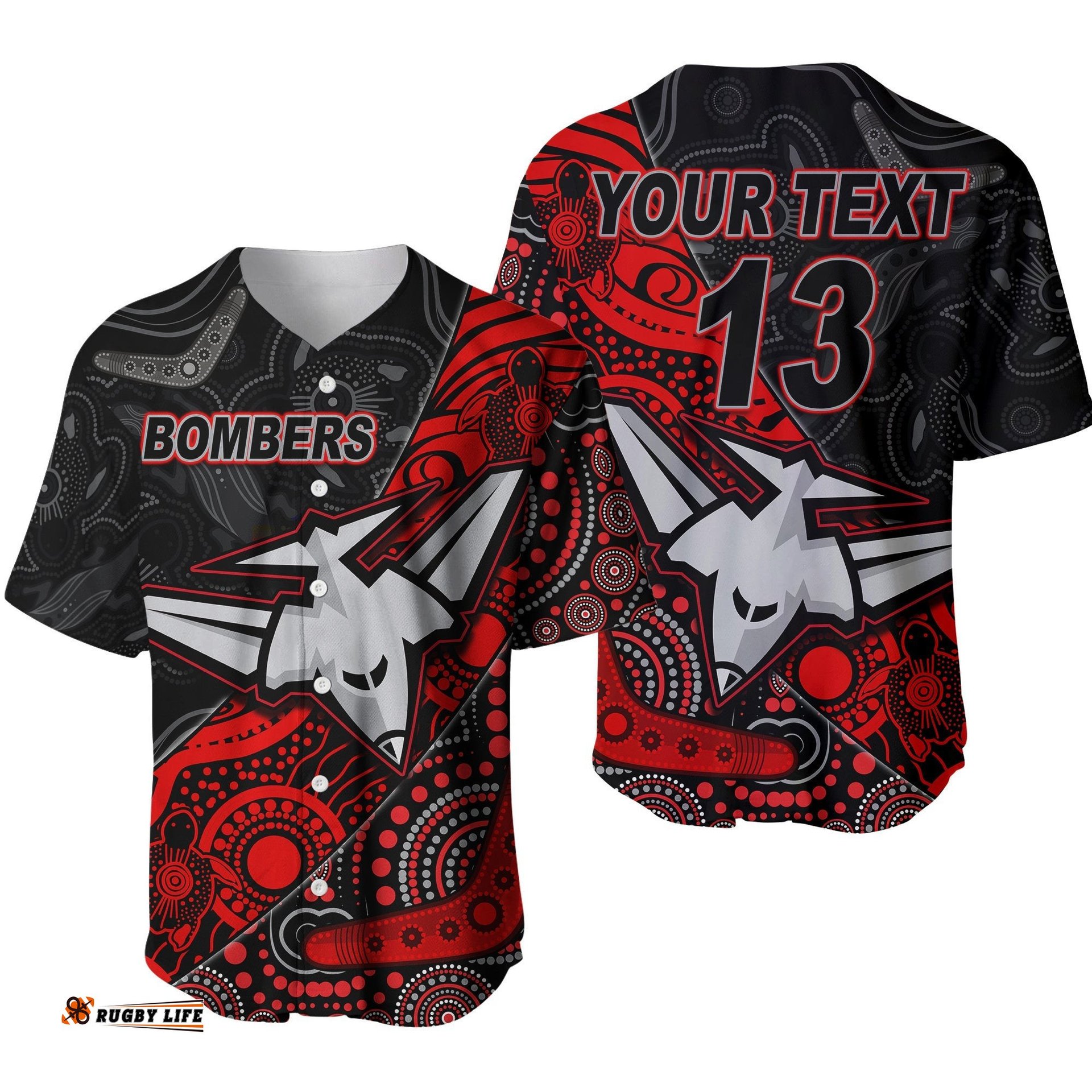 Custom Text and Number Bombers Football Baseball Jersey Shirt Essendon Aboriginal