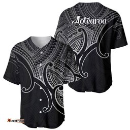 Aotearoa Maori Koru Baseball Jersey Shirt Polynesian Pacific Tribal Black