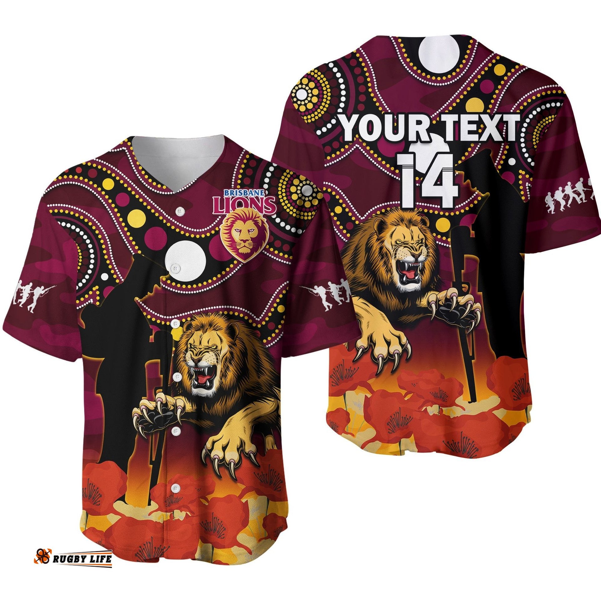 Custom Text And Number Brisbane Lions Football ANZAC Baseball Jersey Shirt Aboriginal Mix Poppy Camouflage Ver.01