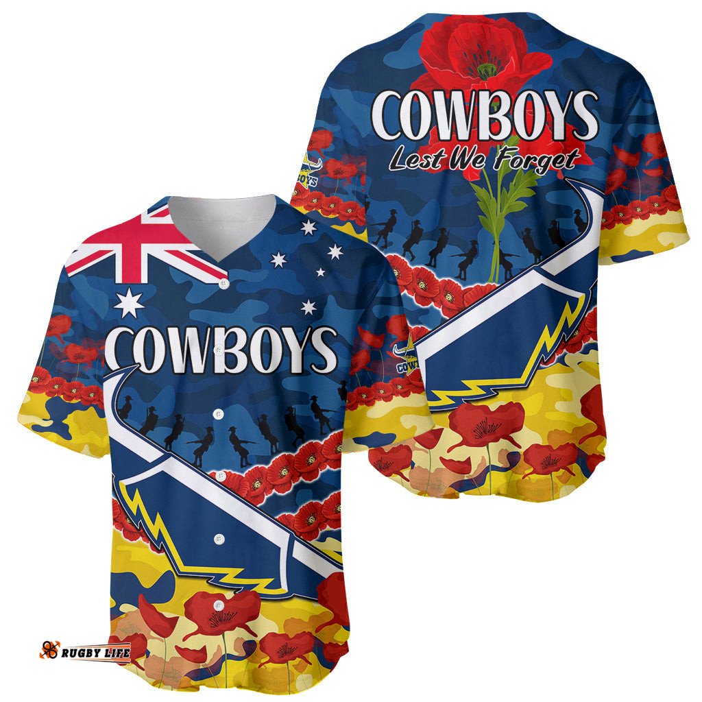 Cowboys Rugby ANZAC Baseball Jersey Shirt Lest We Forget