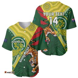 Custom Bangladesh And Australia Cricket Baseball Jersey Shirt Kangaroo Tiger Together