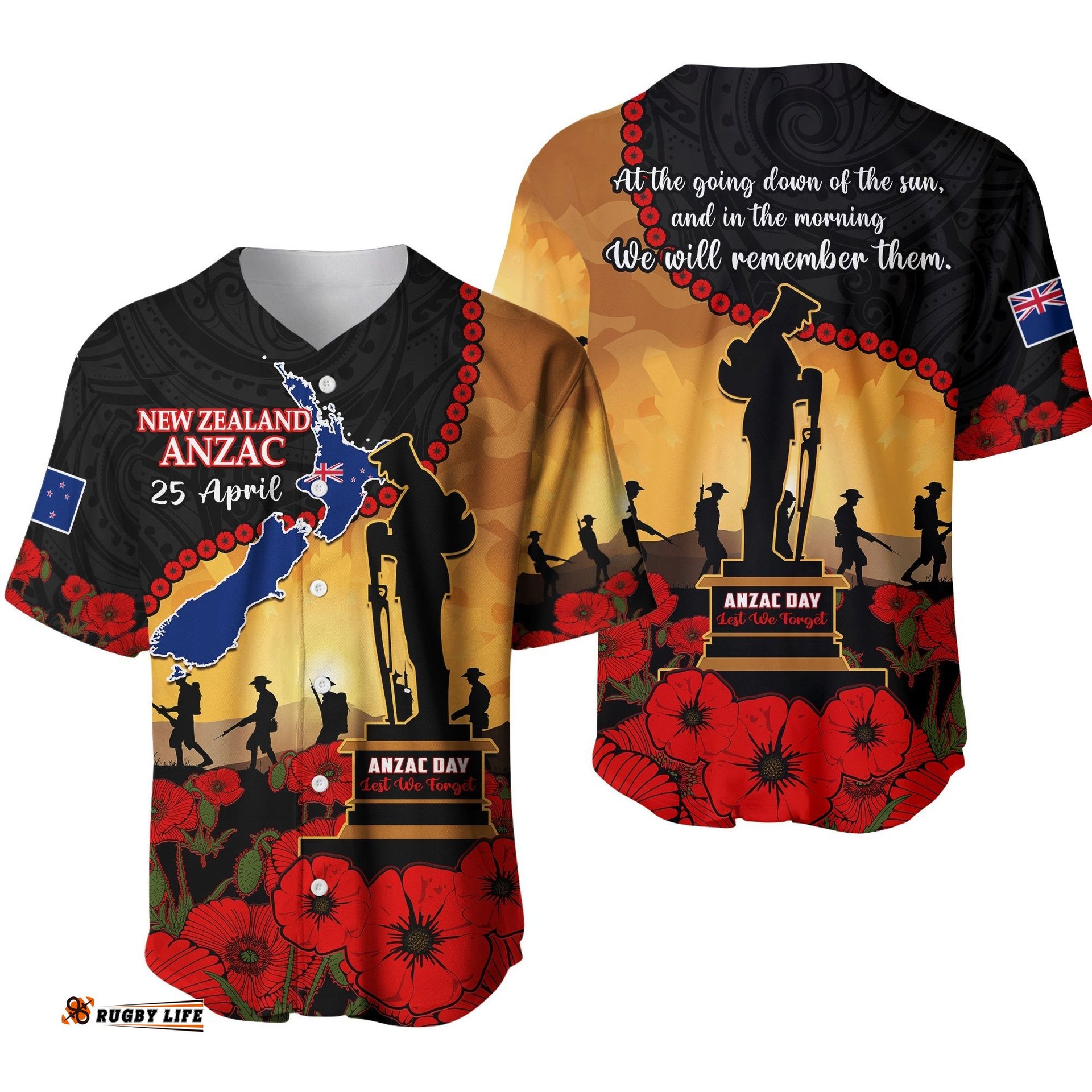 New Zealand Anzac Baseball Jersey Shirt Maori Camouflage Mix Poppies We Will Remember Them Ver.01