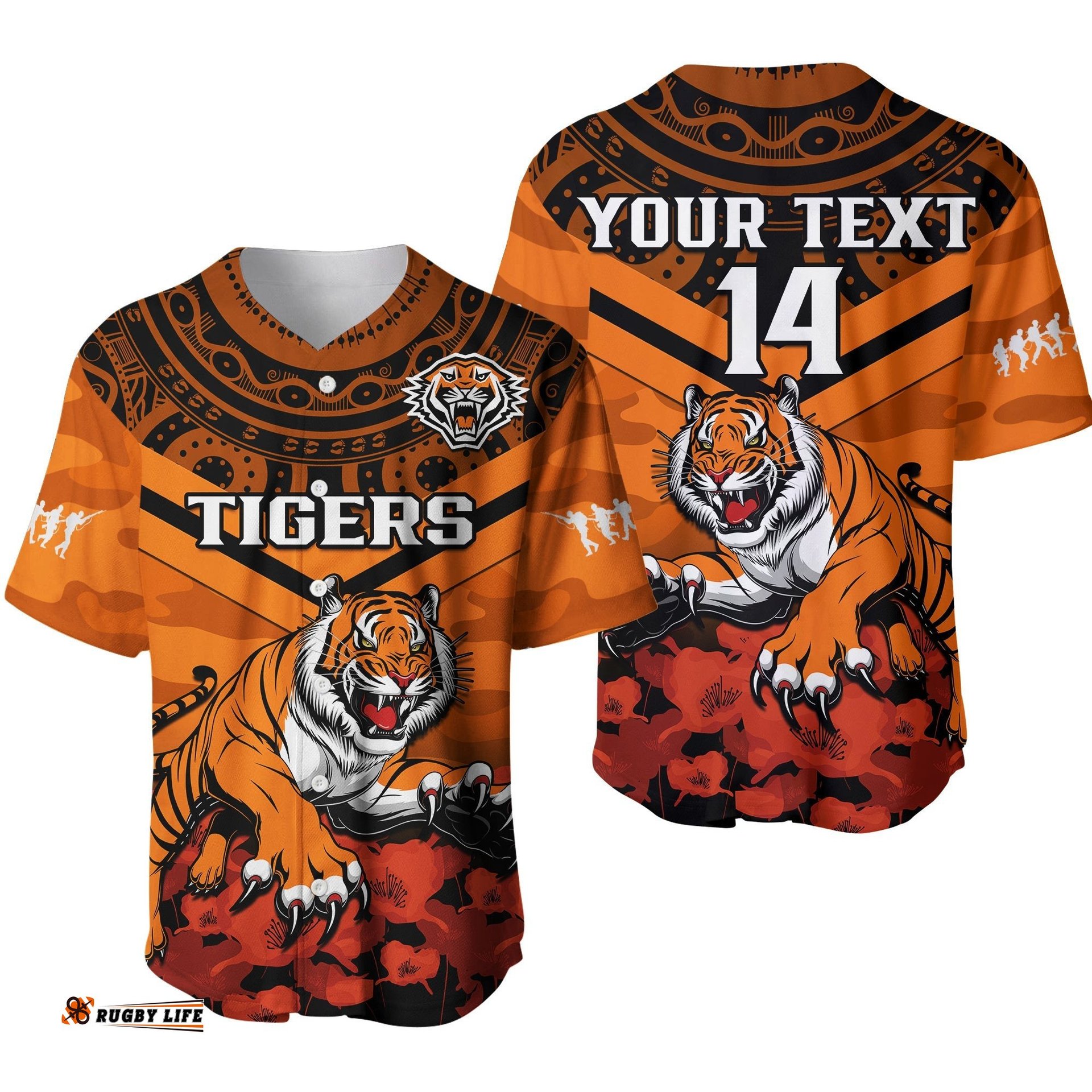 Custom Text And Number Tigers Rugby ANZAC Rugby Baseball Jersey Shirt Camouflage Mix Indigenous Ver.01