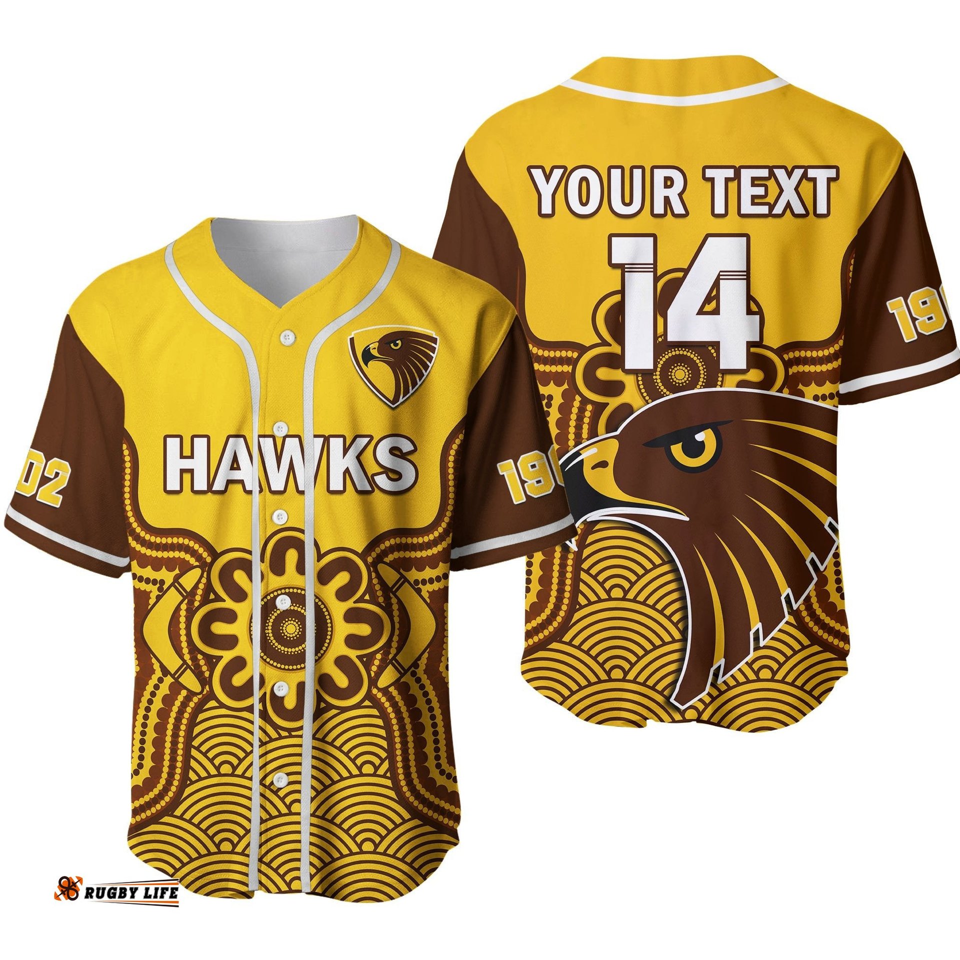 Custom Text And Number Hawthorn Football Baseball Jersey Shirt Go Hawks 1902 Aboriginal Art Ver.02