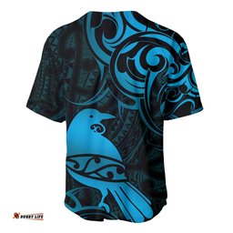 New Zealand Tui Bird Baseball Jersey Shirt Aotearoa Maori Pattern Blue