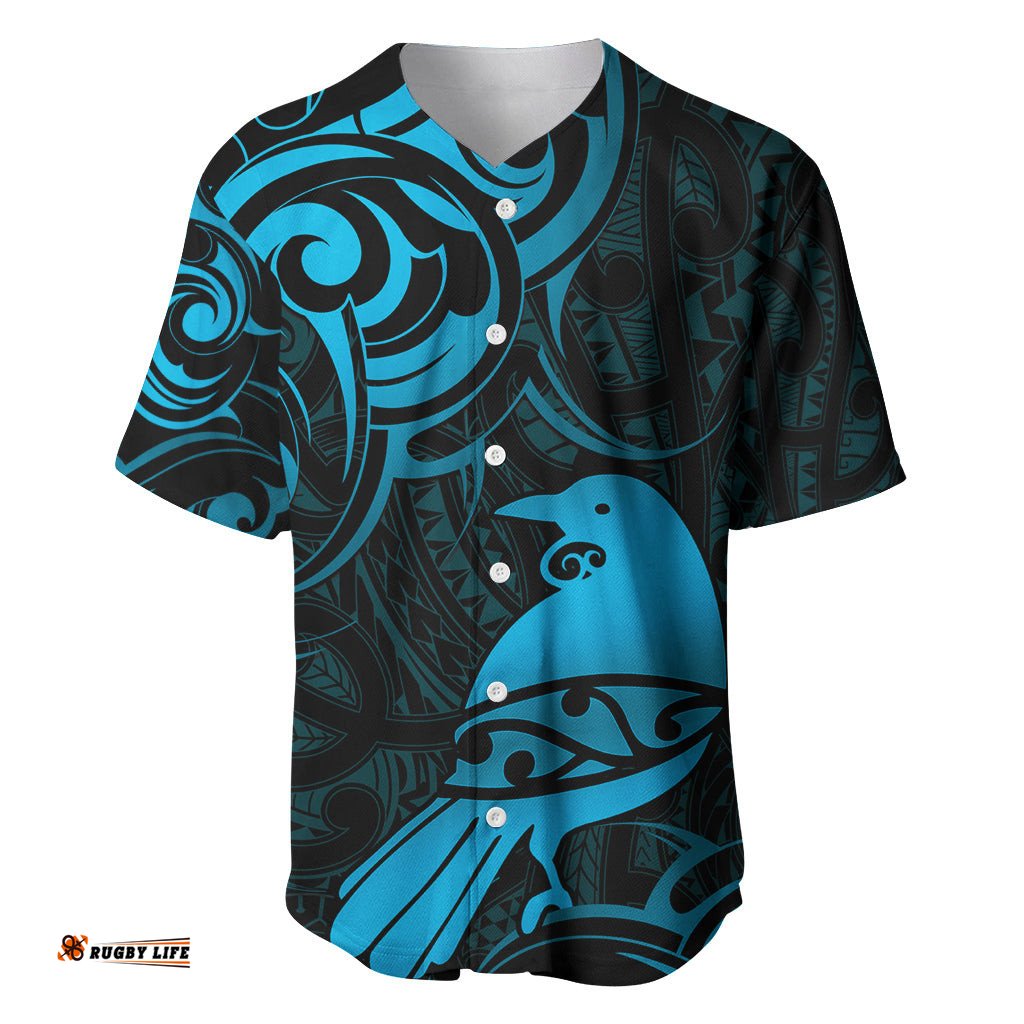 New Zealand Tui Bird Baseball Jersey Shirt Aotearoa Maori Pattern Blue