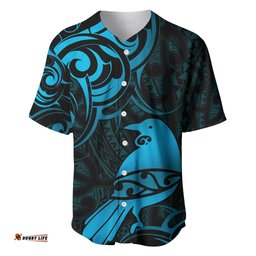 New Zealand Tui Bird Baseball Jersey Shirt Aotearoa Maori Pattern Blue