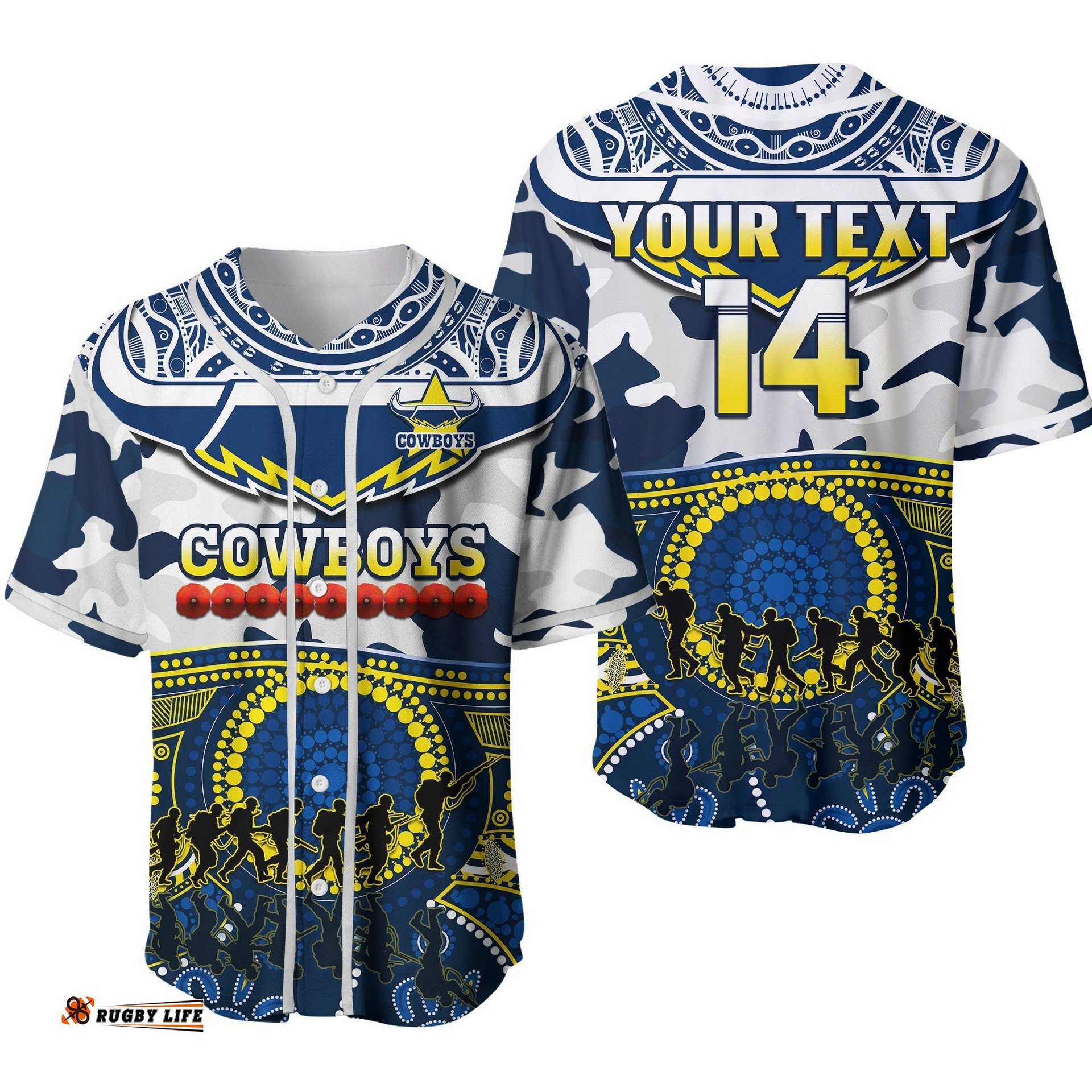 Custom Text And Number Cowboys Rugby ANZAC Baseball Jersey Shirt Indigenous Poppy Mix Camouflage Ver.02