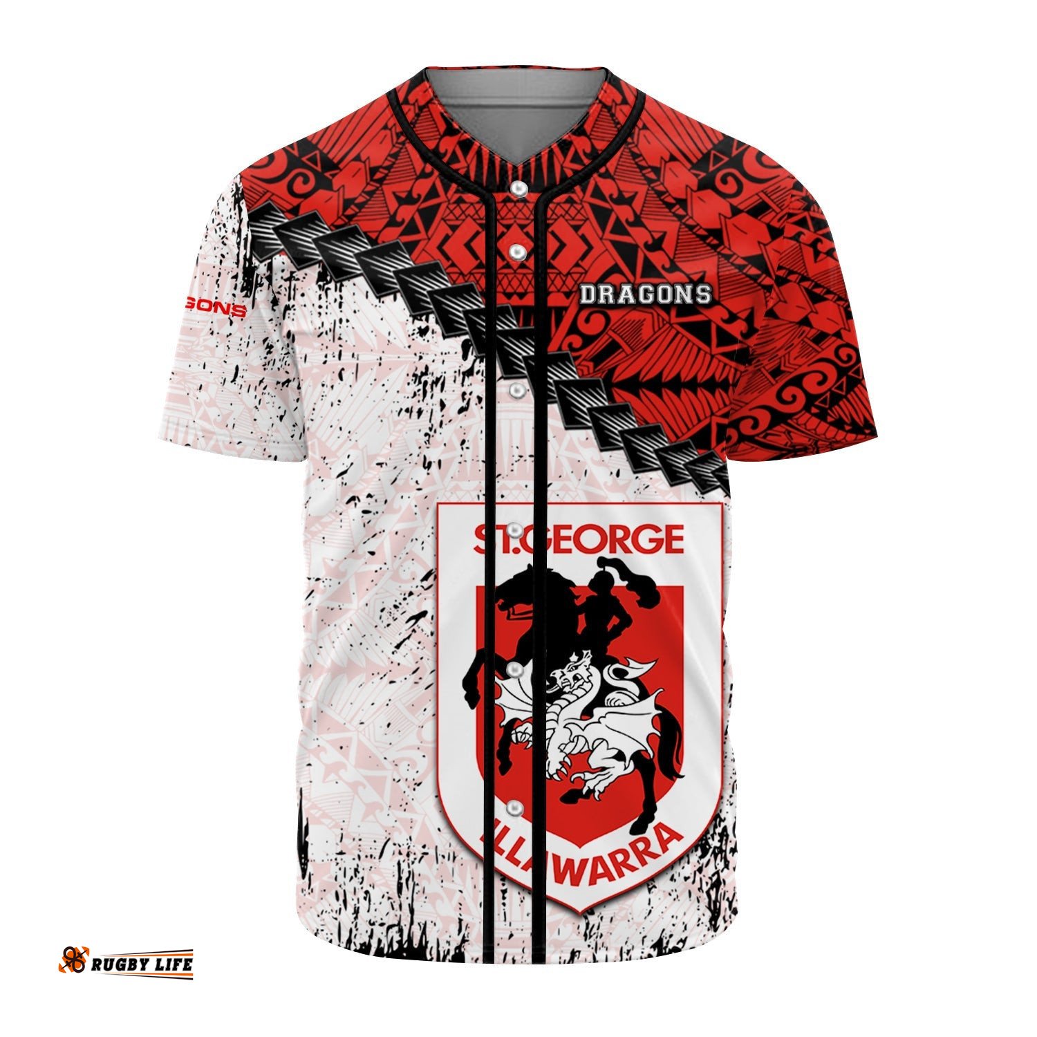 St. George Illawarra Dragons Baseball Jersey Shirt Grunge Polynesian Tattoo NRL