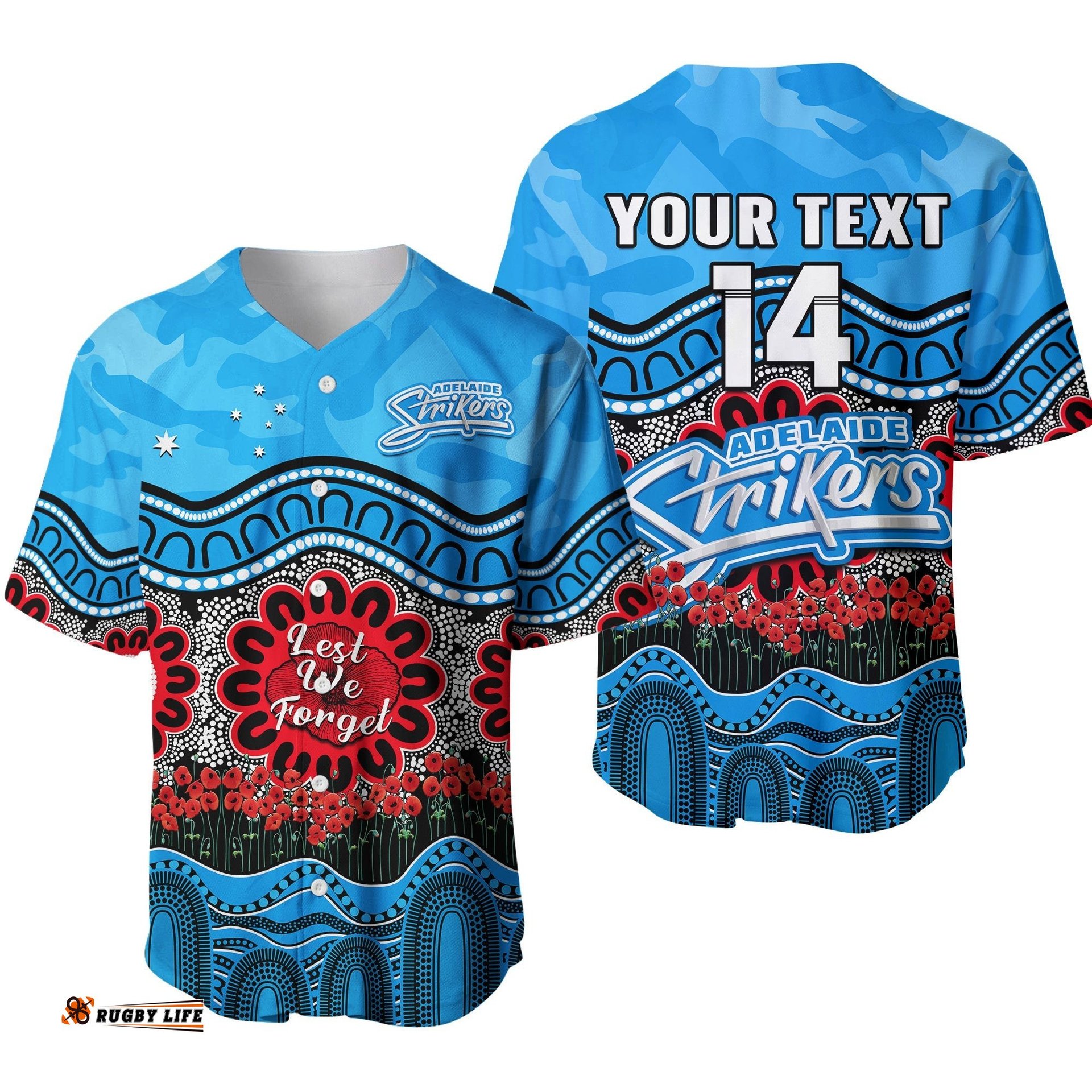 Custom Text And Number Adelaide Strikers Cricket ANZAC Baseball Jersey Shirt Poppy Aboriginal Camouflage Ver.01