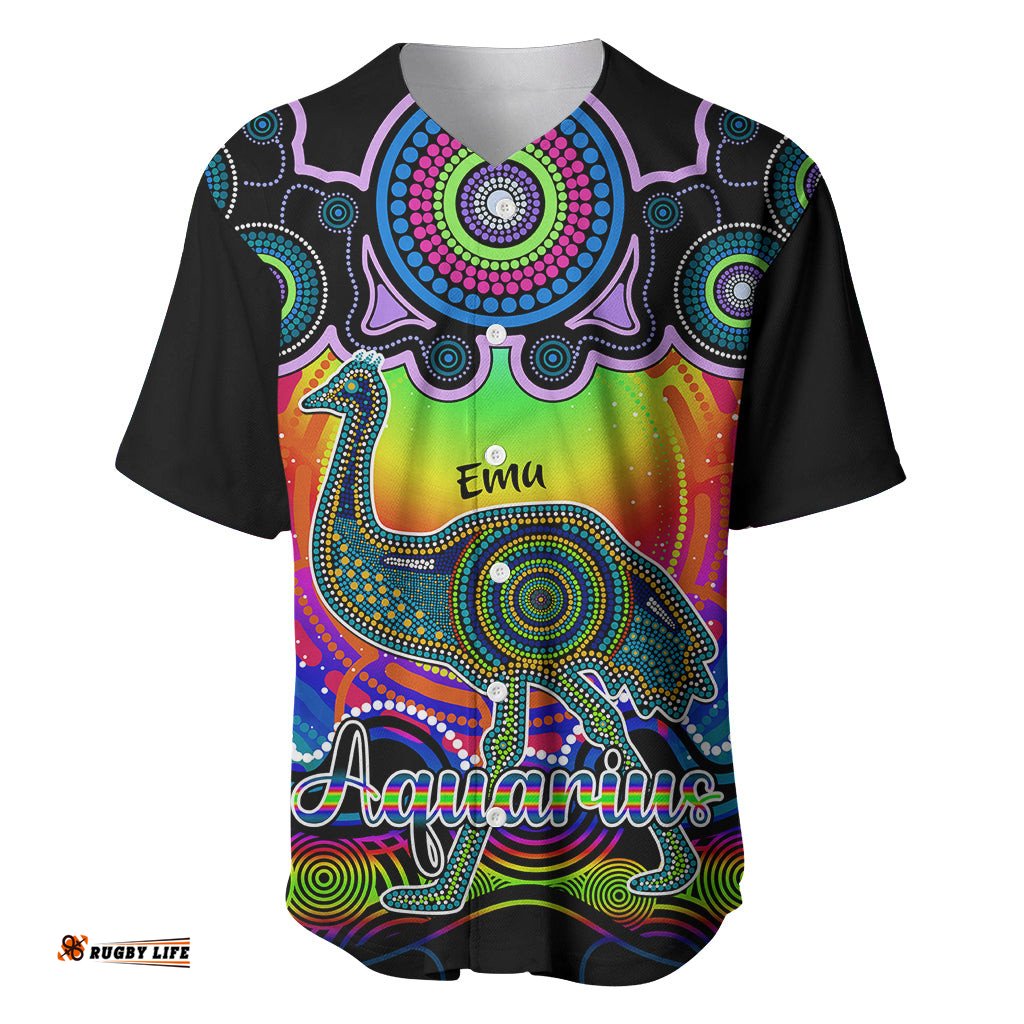 Personalised Australia Aquarius Emu Zodiac Baseball Jersey Shirt Auz Astrology Aboriginal Rainbow