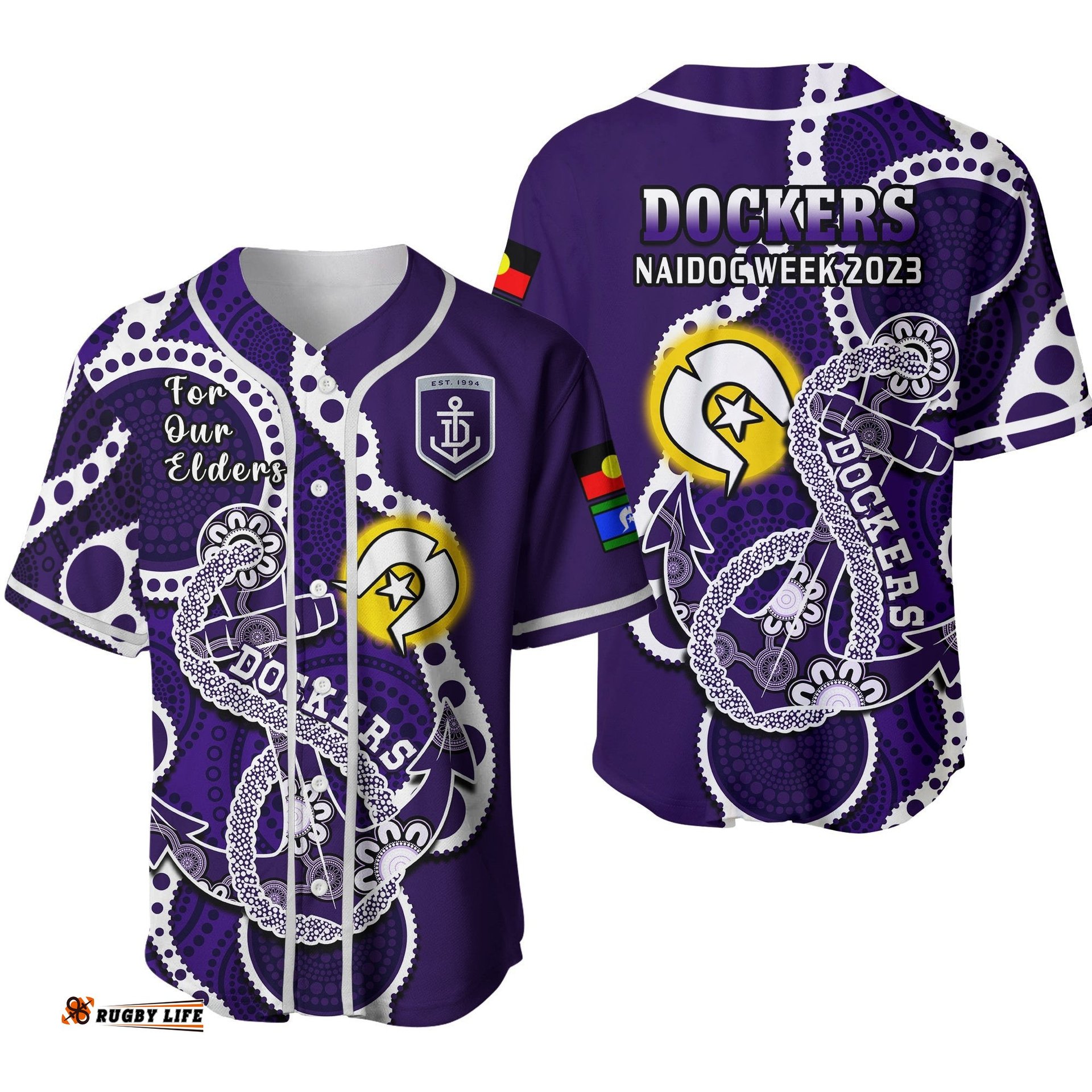 Fremantle Football NAIDOC Baseball Jersey Shirt Dockers For Our Elders Indigenous Art Ver.02
