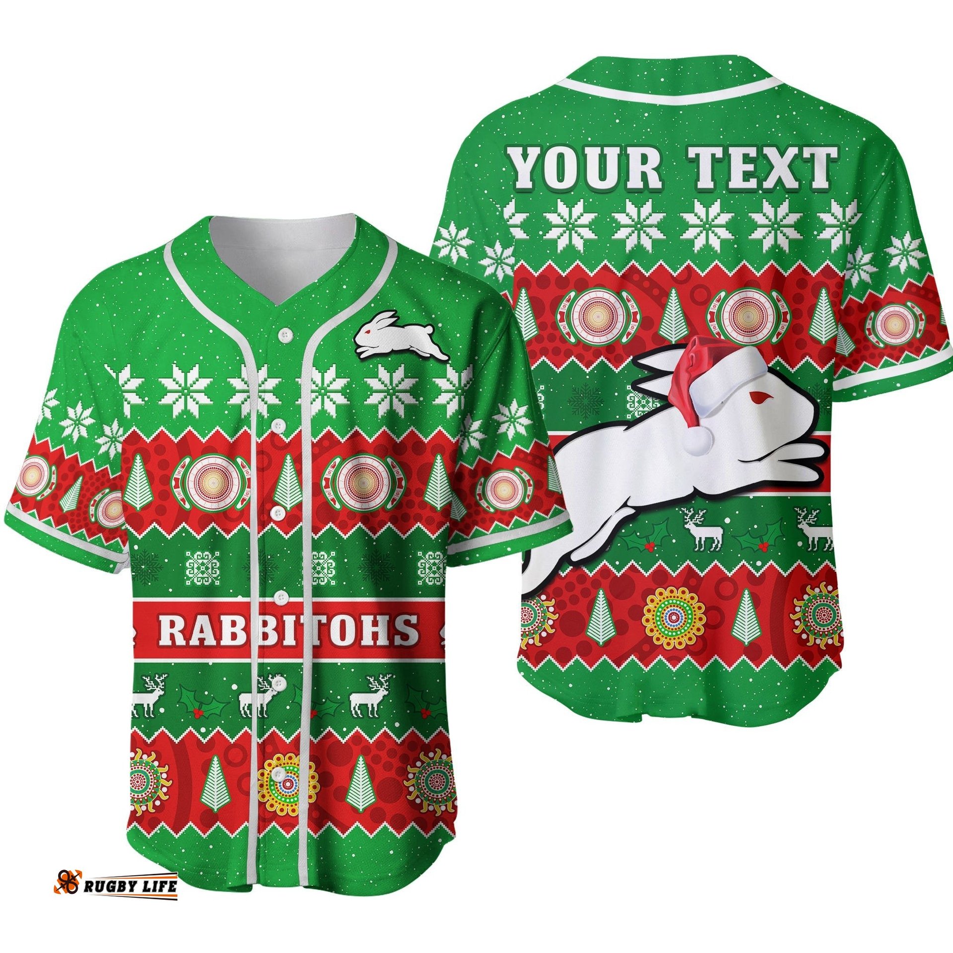 Custom Personalised Rabbitohs Christmas Baseball Jersey Shirt Souths Aboriginal Art Merry Xmas Ver.02