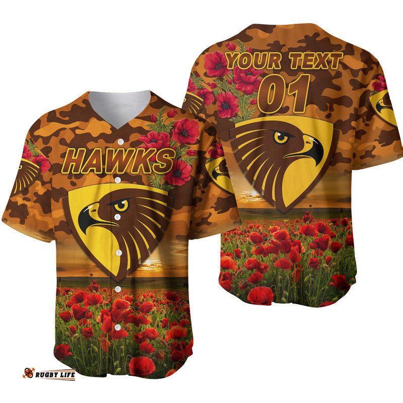 Custom Personalised Hawthorn Hawks ANZAC Baseball Jersey Shirt Poppy Vibes