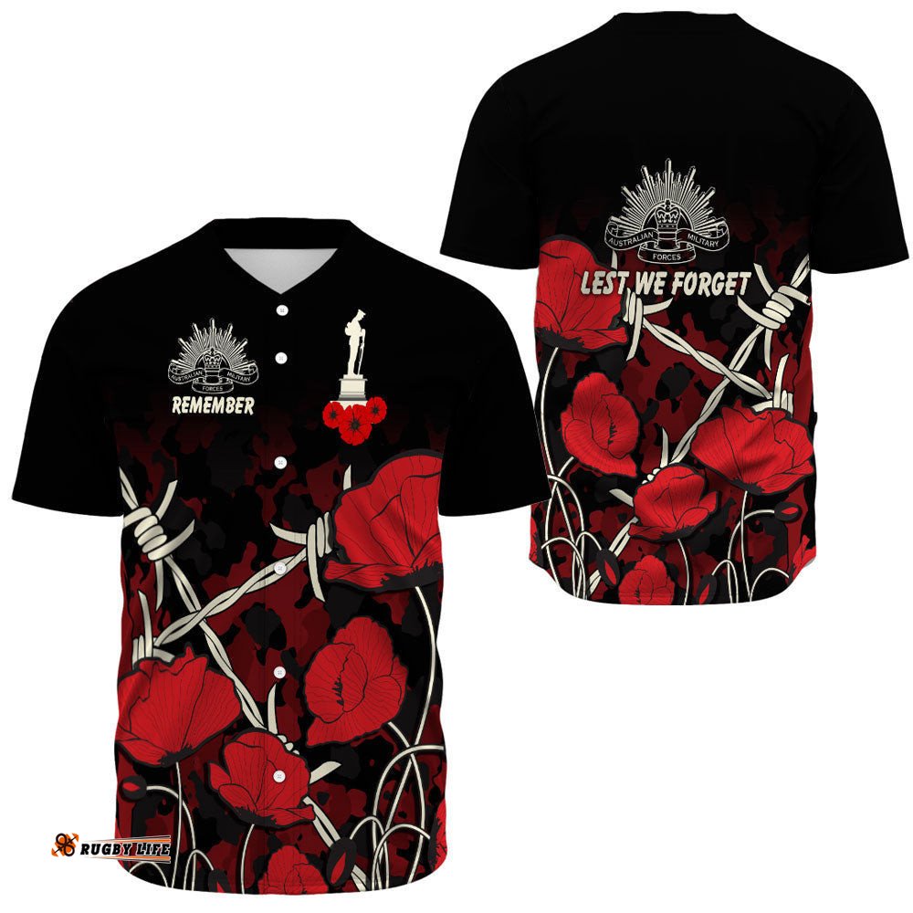 Anzac Day Camouflage Poppy & Barbed Wire Baseball Jersey Shirt
