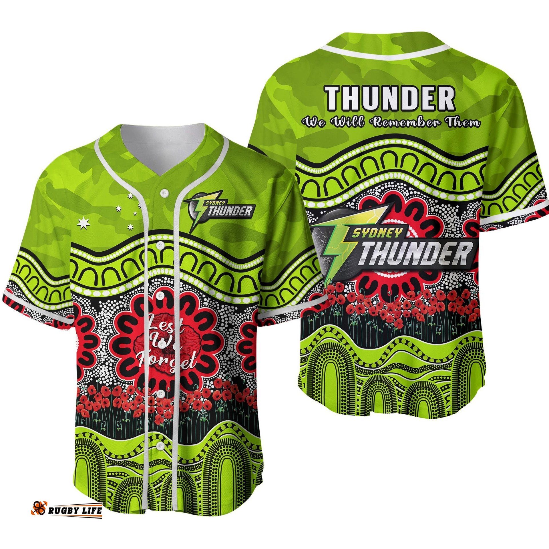 Thunder Cricket ANZAC Baseball Jersey Shirt Poppy Sydney Aboriginal Camouflage Ver.02