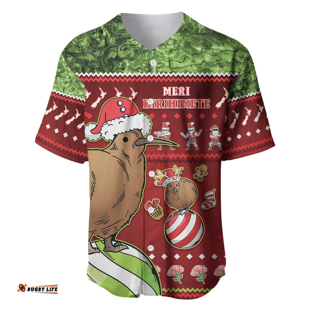 New Zealand Kiwi Christmas Baseball Jersey Shirt Paua Shell Glitter Green