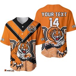 Custom Text And Number Wests Tigers Baseball Jersey Shirt Indigenous Artsy