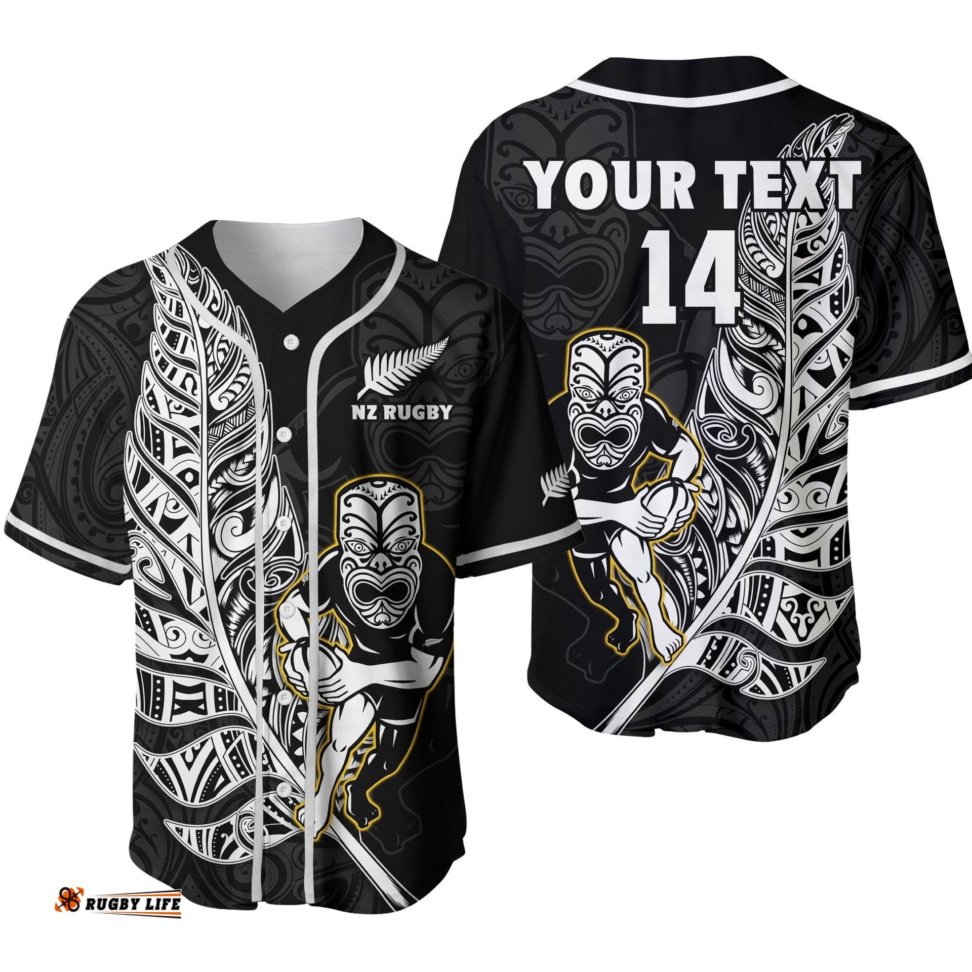 Custom Text And Number New Zealand Silver Fern Rugby Baseball Jersey Shirt All Black Maori Version Black Ver.02