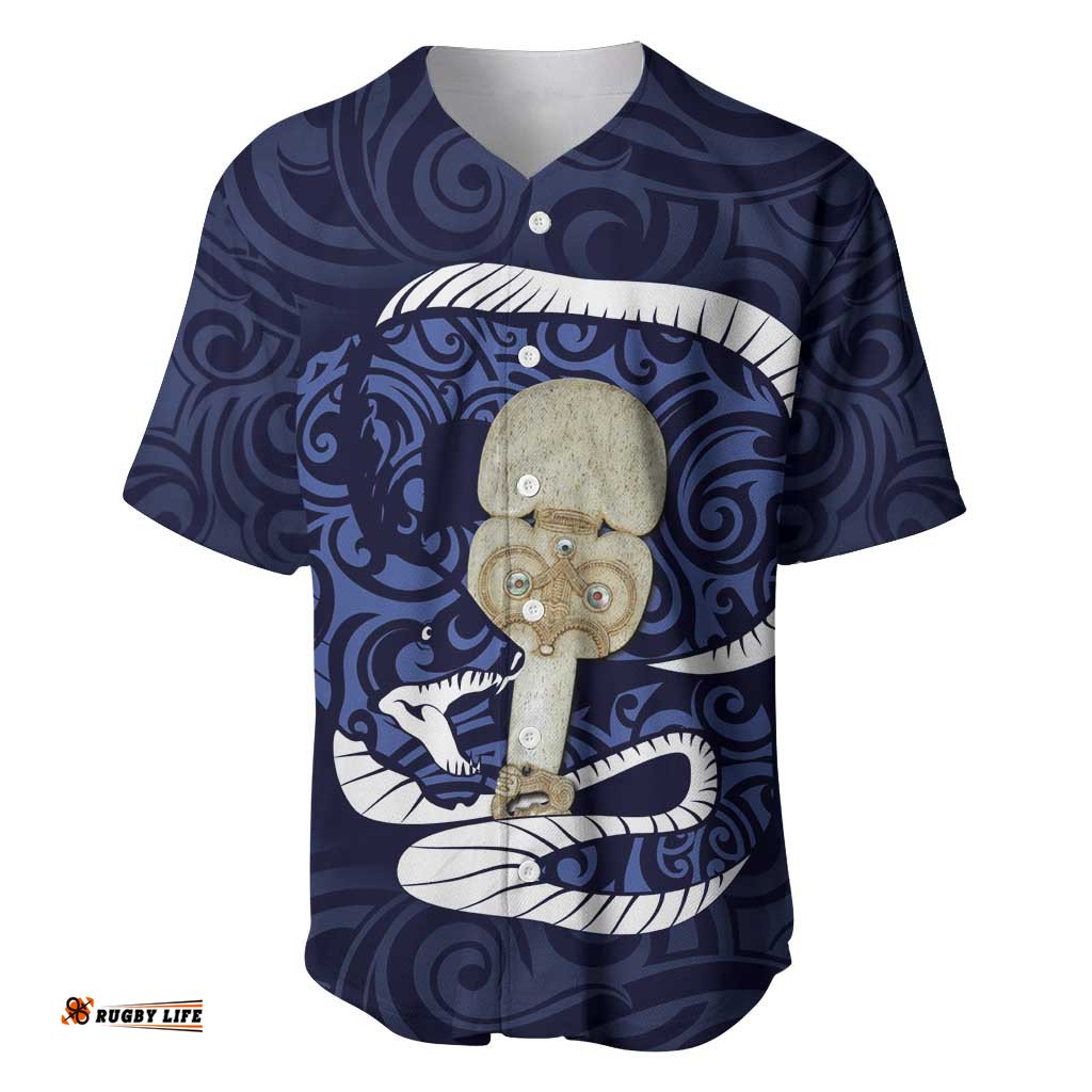 Blue New Zealand Eel Baseball Jersey Shirt Aotearoa Maori Tuna With Kotiate Weapon