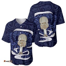 Blue New Zealand Eel Baseball Jersey Shirt Aotearoa Maori Tuna With Kotiate Weapon