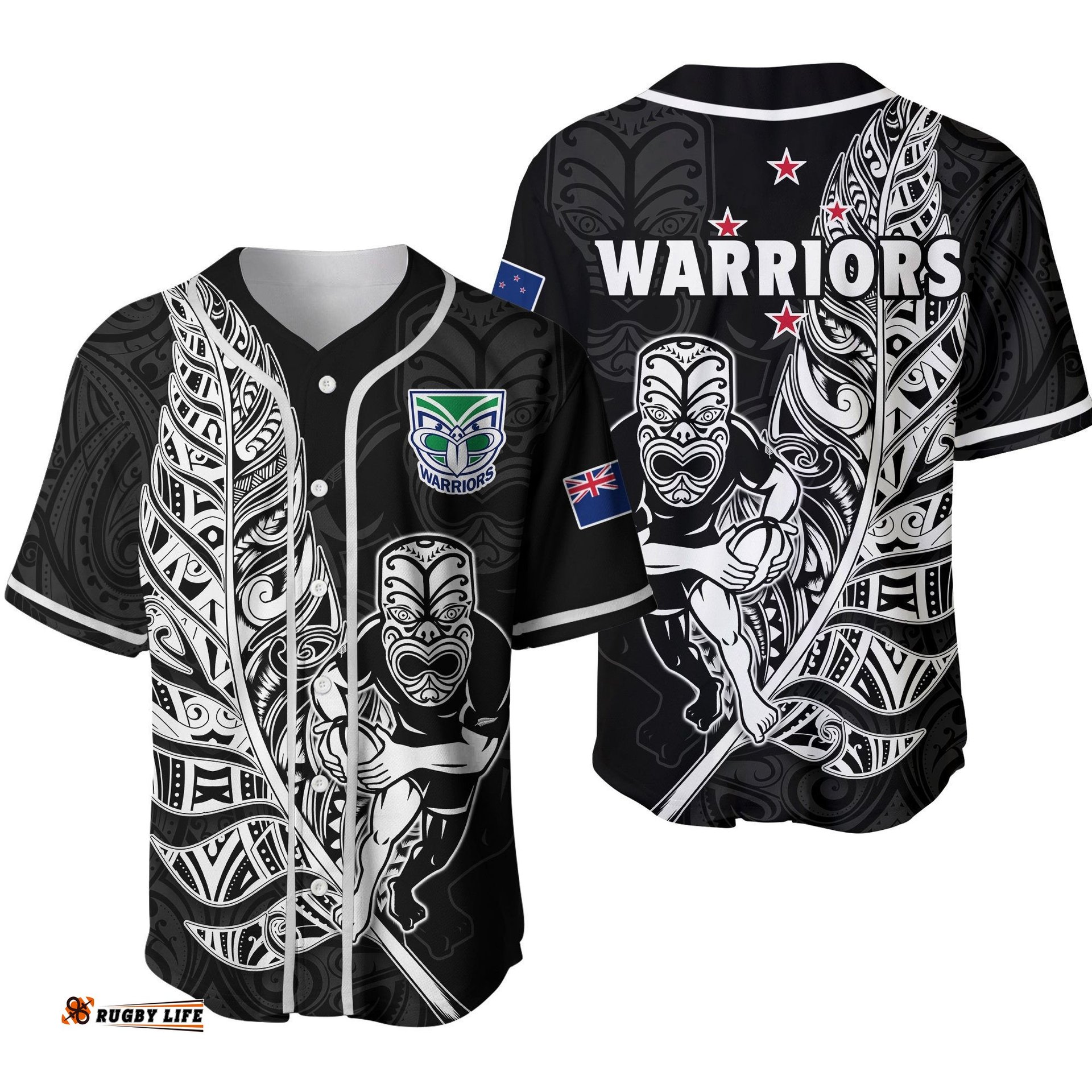 New Zealand Tiki Rugby Baseball Jersey Shirt NZ Warriors Fern Maori Style 08