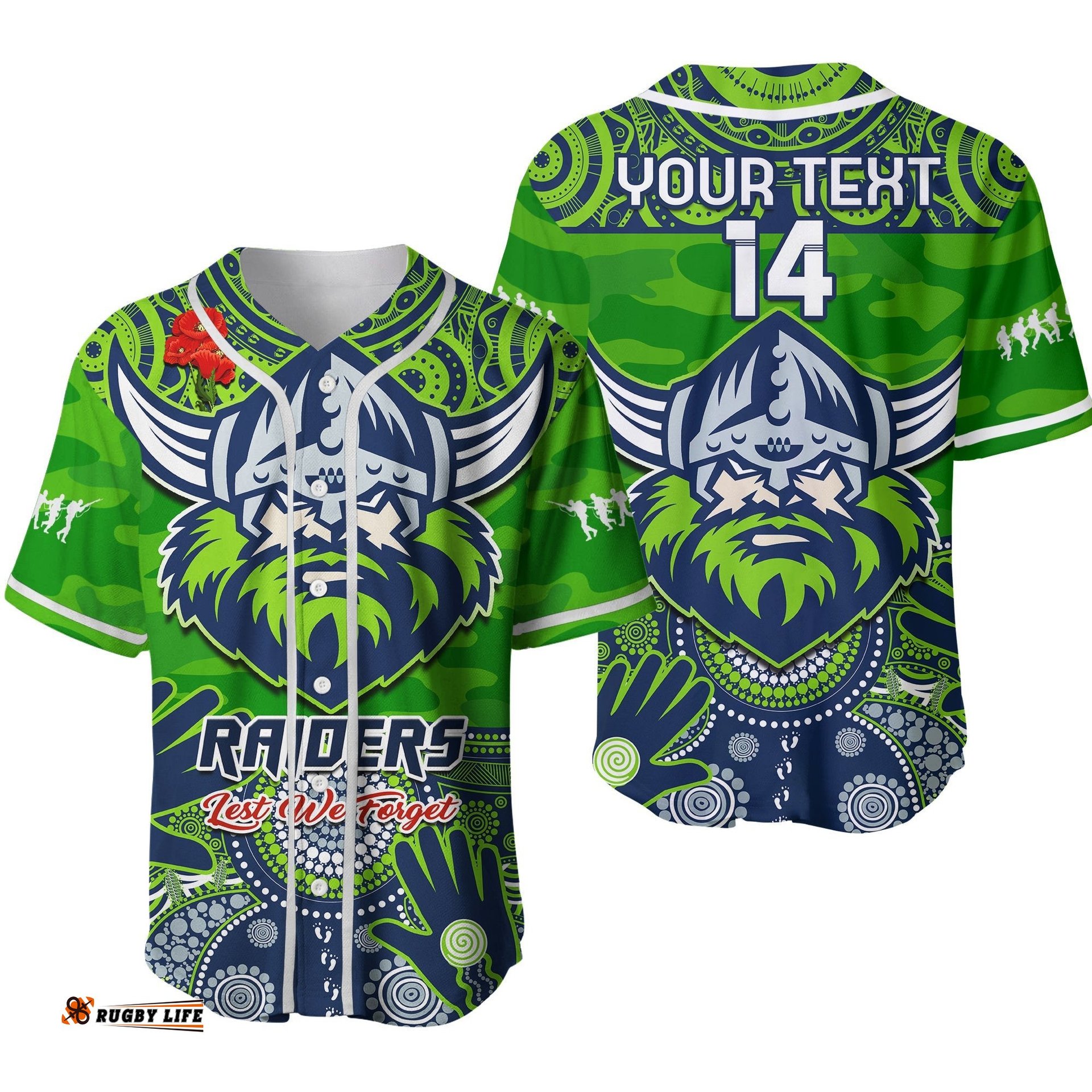 Custom Text And Number Raiders Rugby ANZAC Baseball Jersey Shirt Dots Poppy Mix Camouflage Lest We Forget Ver.02