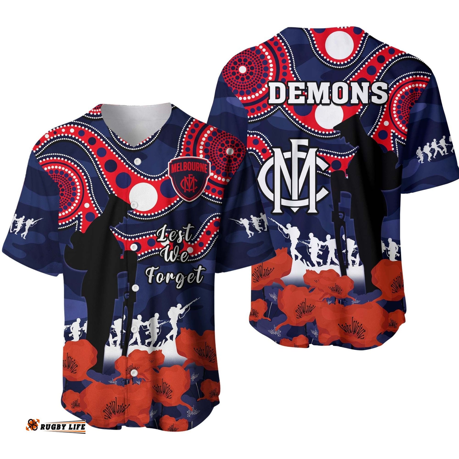 Melbourne Football ANZAC Baseball Jersey Shirt Demons Aboriginal Mix Poppy Camouflage Ver.01