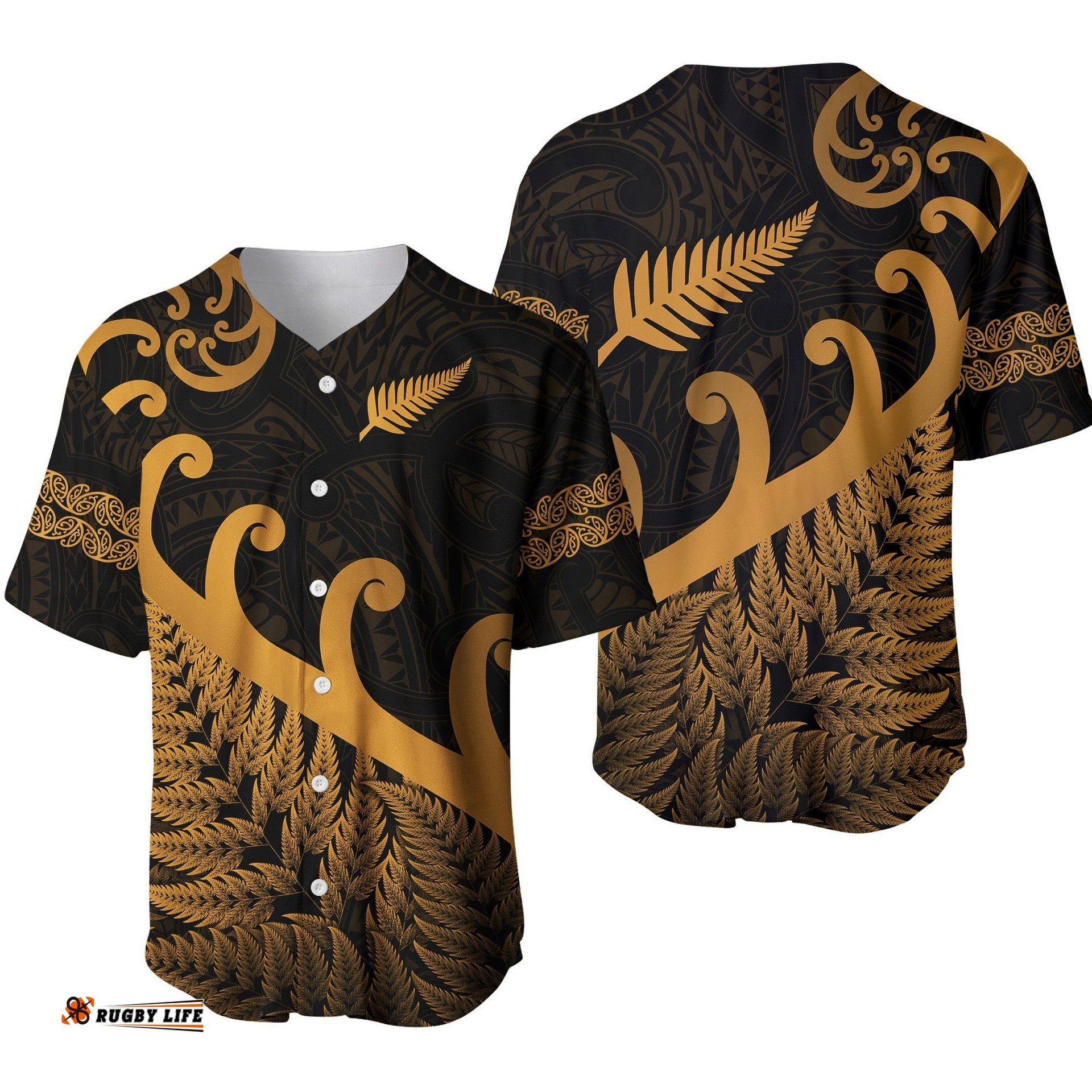 New Zealand Rugby Maori Baseball Jersey Shirt Silver Fern Koru Vibes Gold