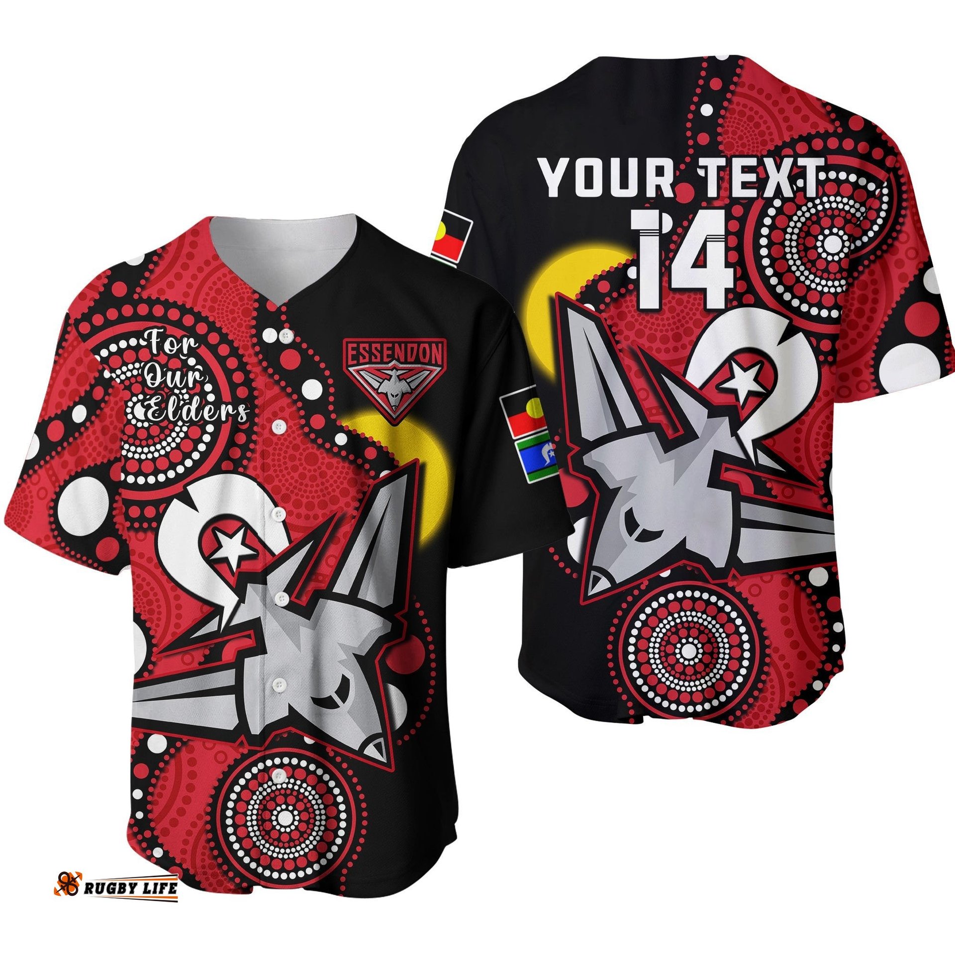 Custom Text And Number Essendon Football NAIDOC Baseball Jersey Shirt Bombers For Our Elders Indigenous Art Ver.01
