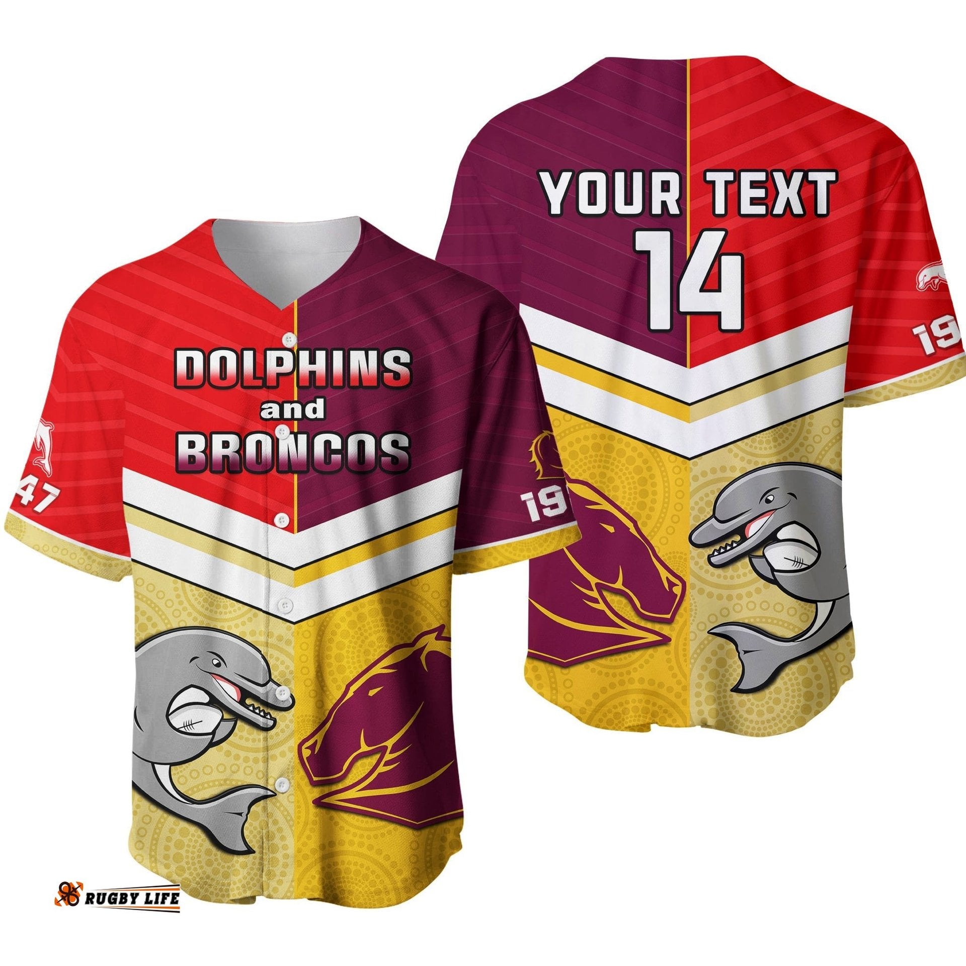 Custom Text And Number Dolphins Mix Broncos Rugby Baseball Jersey Shirt Indigenous Art Ver.01