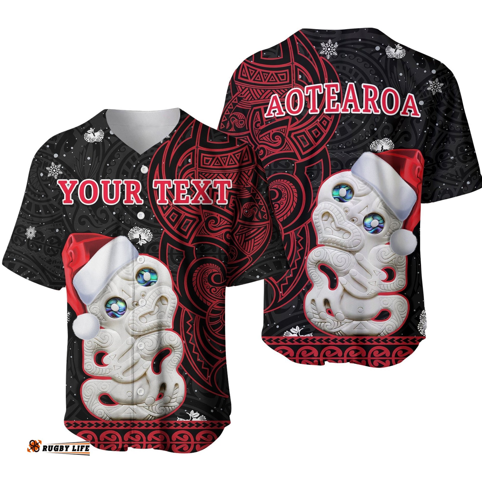 Custom Personalised New Zealand Christmas Baseball Jersey Shirt Hei Tiki Red Pohutukawa Meri Kirihimete