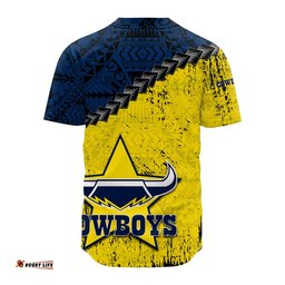 North Queensland Cowboys Baseball Jersey Shirt Grunge Polynesian Tattoo NRL