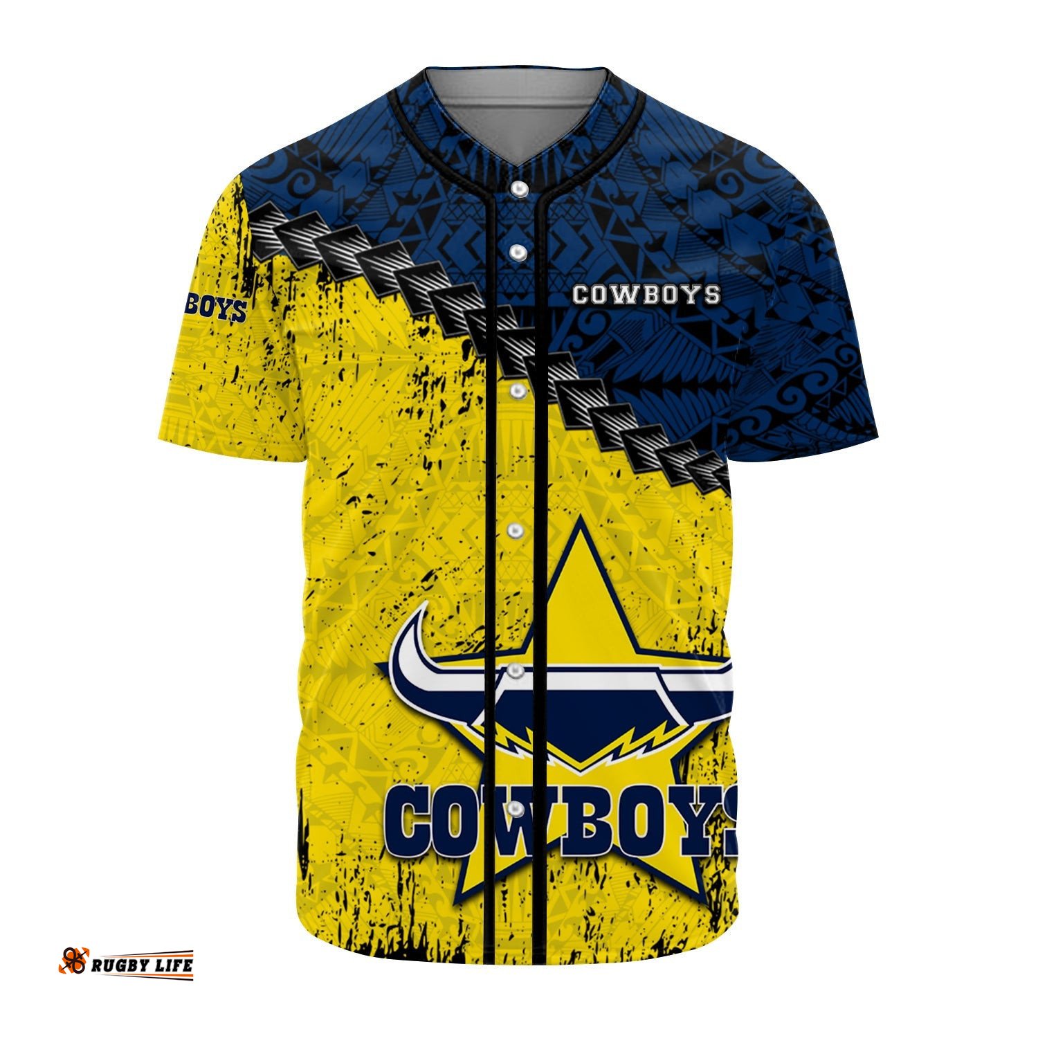 North Queensland Cowboys Baseball Jersey Shirt Grunge Polynesian Tattoo NRL