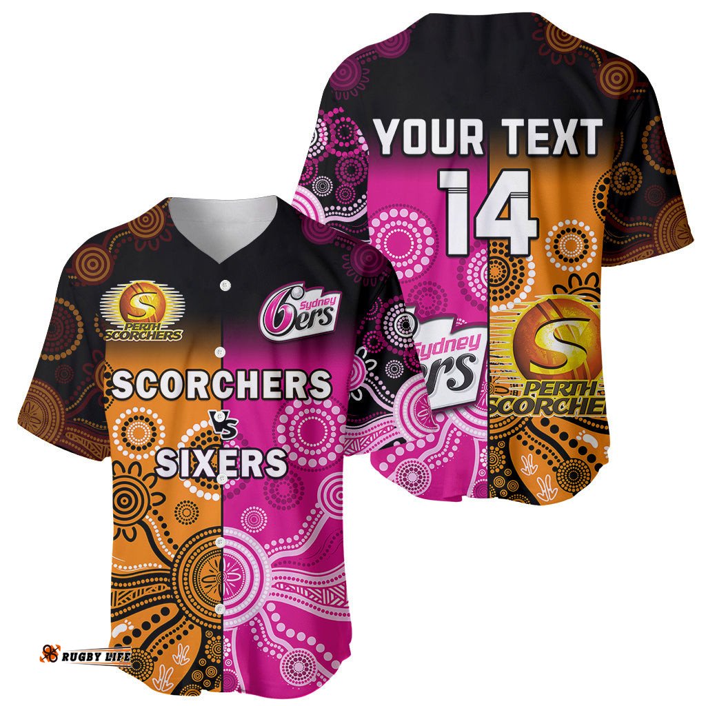 Custom Text And Number Perth Scorchers and Sydney Sixers Cricket Baseball Jersey Shirt Aboriginal Art 02