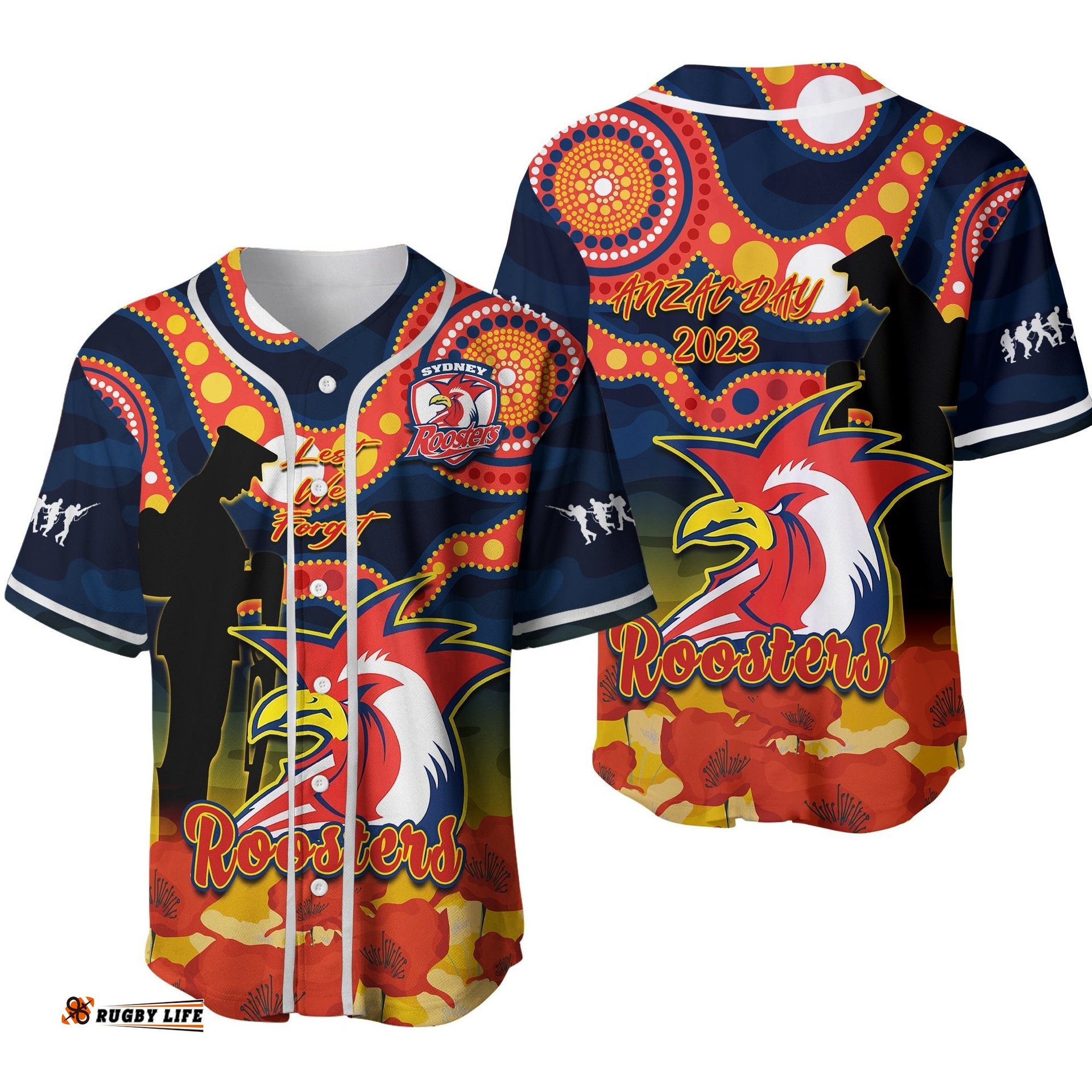 Roosters Rugby ANZAC Baseball Jersey Shirt Dots Poppy Mix Camouflage Lest We Forget Ver.02