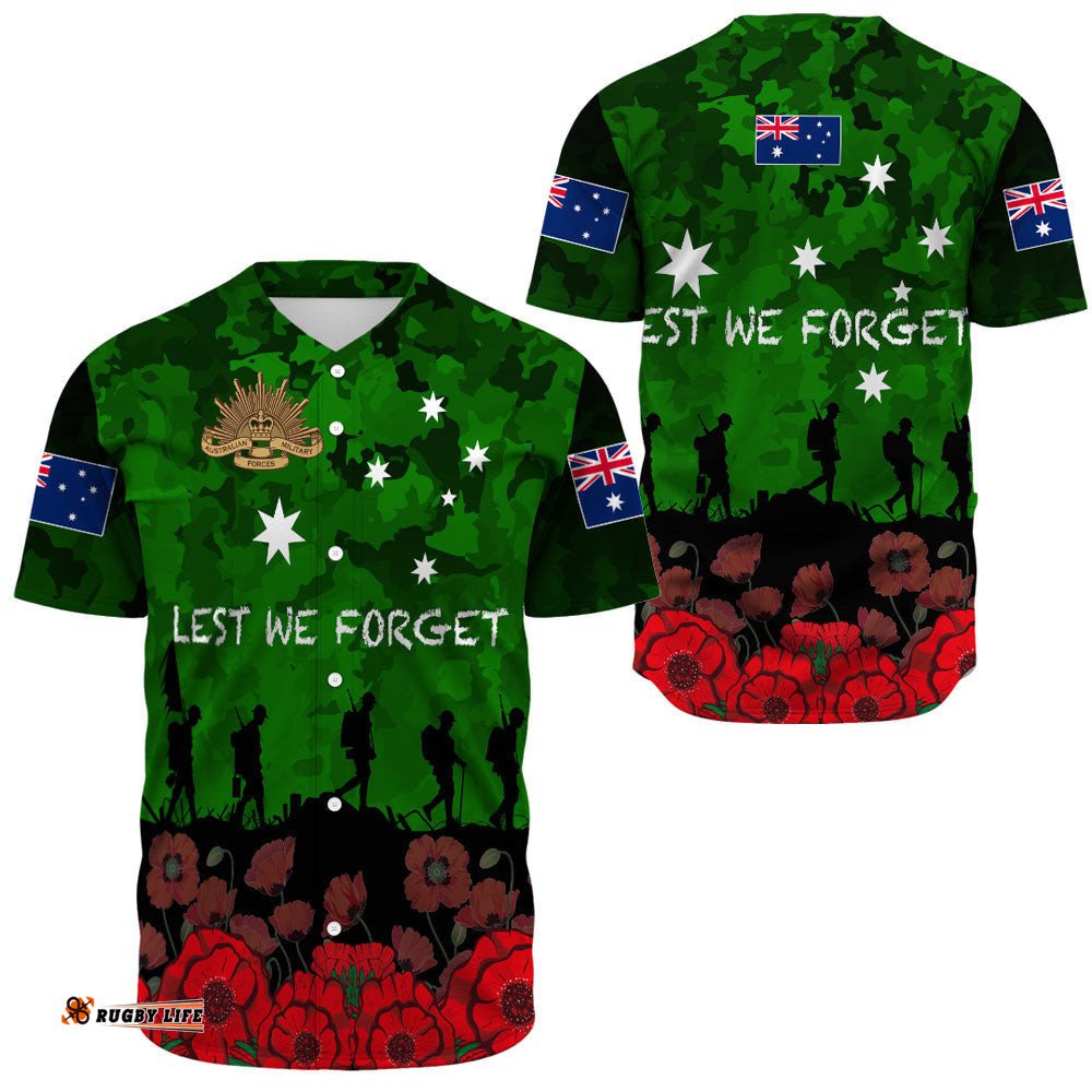 Australia Anzac Day Camouflage & Poppy Baseball Jersey Shirt