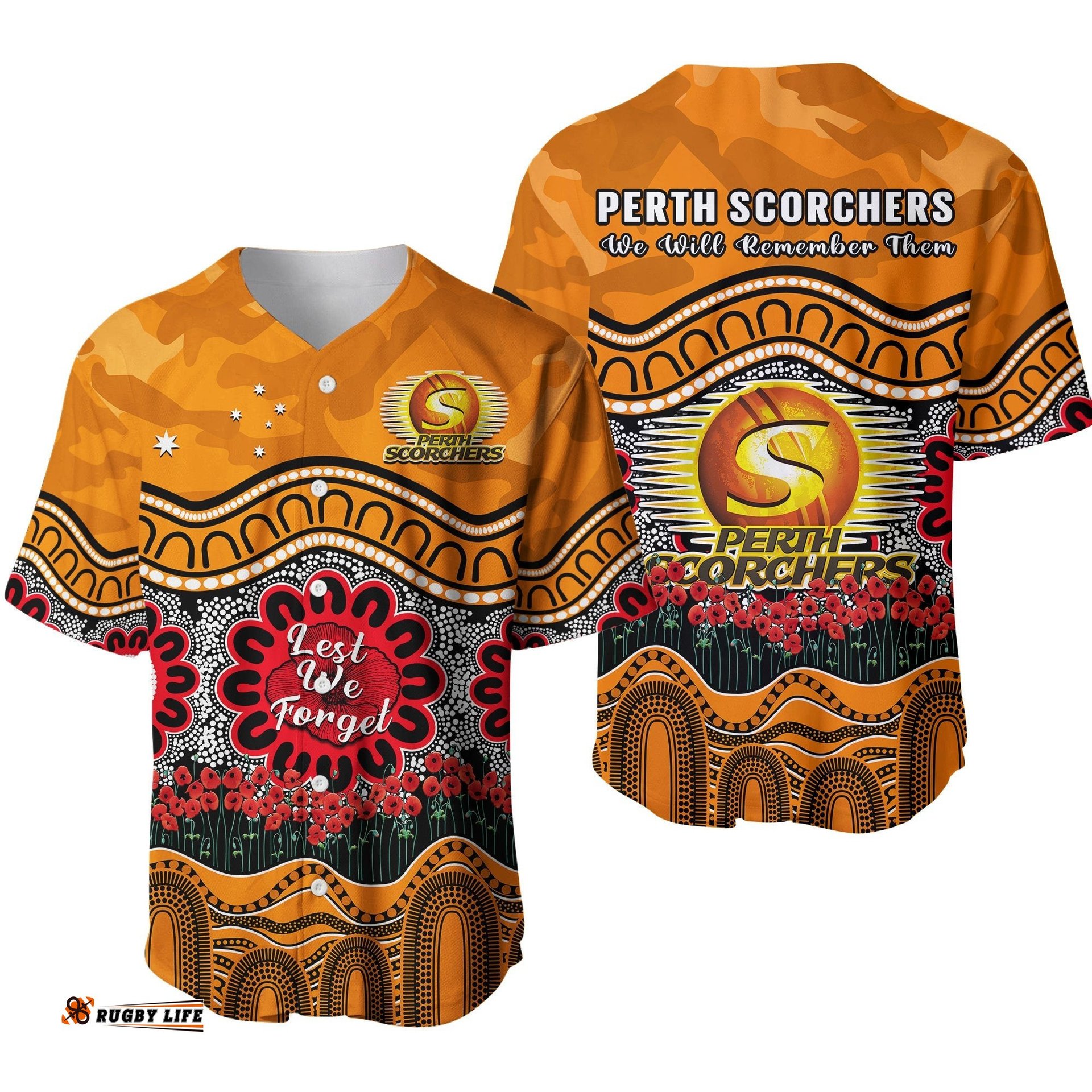 Perth Scorchers Cricket ANZAC Baseball Jersey Shirt Poppy Aboriginal Camouflage Ver.01