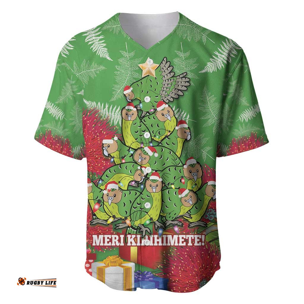 Kakapo New Zealand Christmas Baseball Jersey Shirt Meri Kirihimete Pohutukawa Green Color