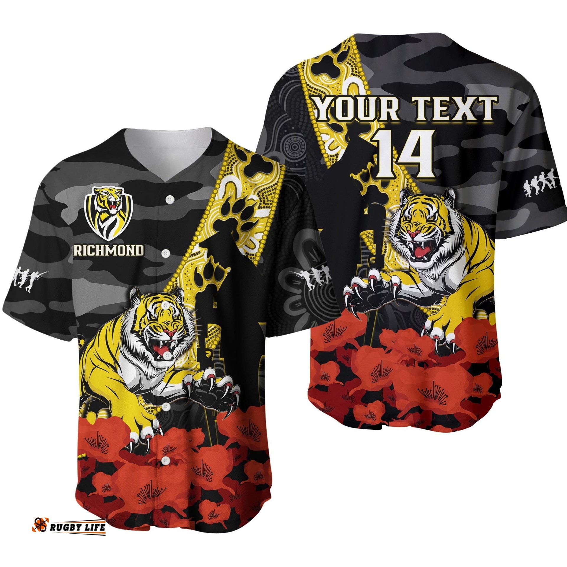 Custom Text And Number Richmond Football ANZAC Baseball Jersey Shirt Tigers Aboriginal Mix Poppy Camouflage Ver.01