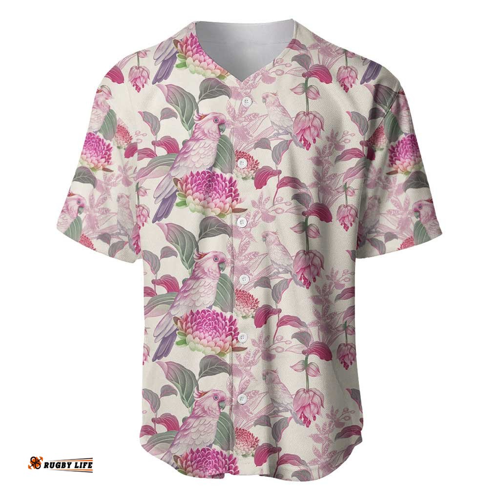Pink Cockatoo Australia Baseball Jersey Shirt Tropical Flowers Seamless Pattern