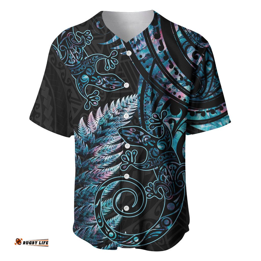 New Zealand Lizard Baseball Jersey Shirt Silver Fern Aotearoa Maori With Paua Shell