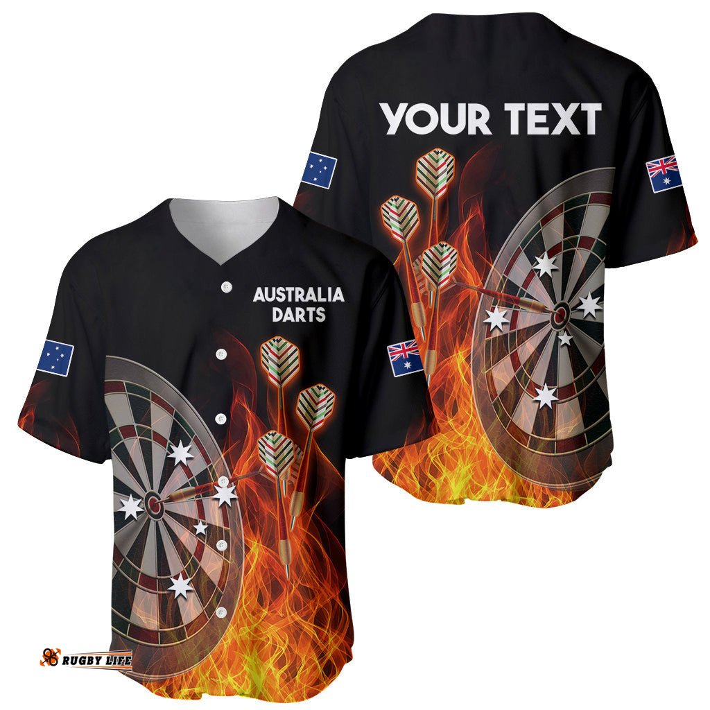 Custom Personalised Australia Darts Fire Burning Black Style Baseball Jersey Shirt